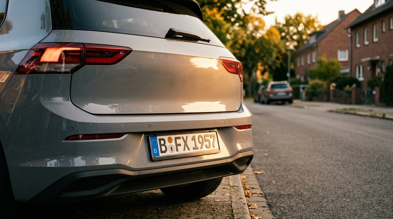 Kennzeichen eines Autos bei goldenem Abendlicht auf einer deutschen Strasse