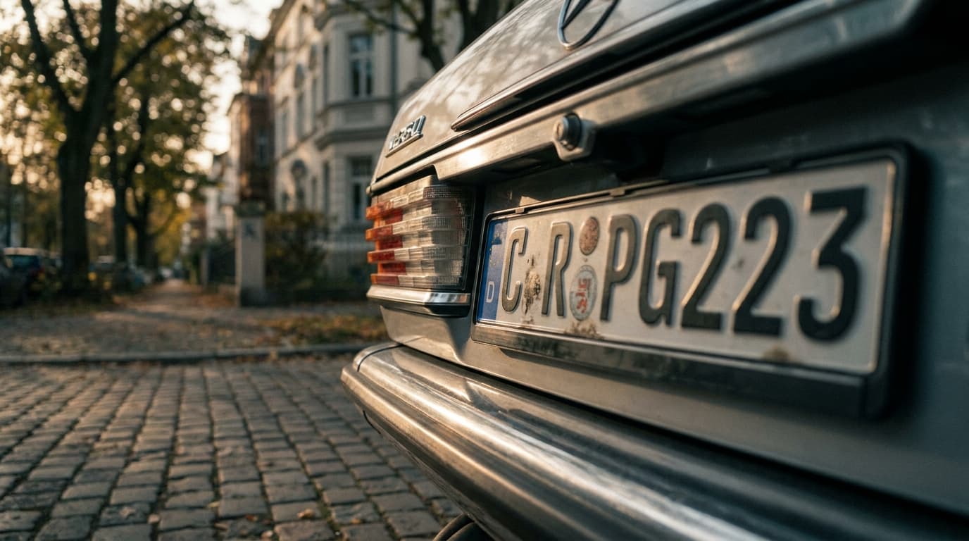 Kennzeichen eines Fahrzeugs im goldenen Abendlicht auf einer deutschen Strasse