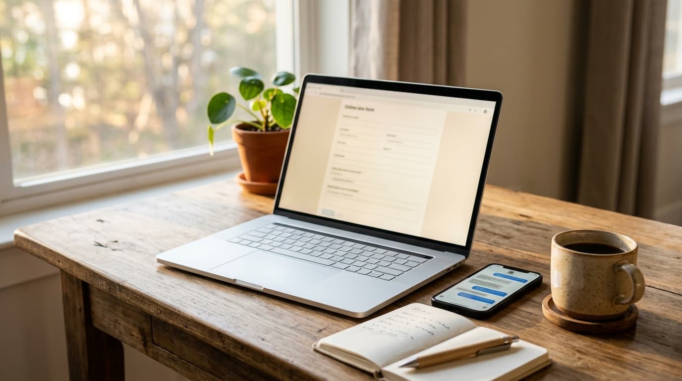 Heller Arbeitsplatz mit Laptop und Smartphone, Sinnbild für den persönlichen Kontakt bei fixzulassung